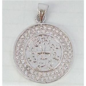 Copper Circle Pendant Pave Zircon Platinum Plated, approx 20mm dia
