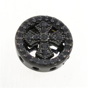 copper circle bead paved zircon, cross, black plated, approx 11mm dia