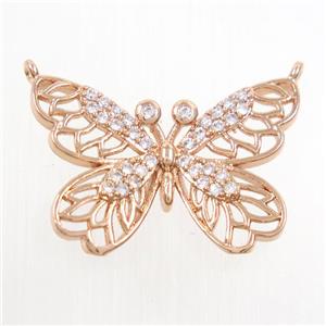 copper butterfly pendants paved zircon with 2loops, rose gold plated, approx 17-25mm