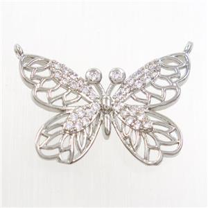 copper butterfly pendants paved zircon with 2loops, platinum plated, approx 17-25mm