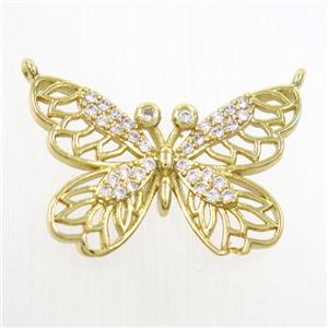 copper butterfly pendants paved zircon with 2loops, gold plated, approx 17-25mm