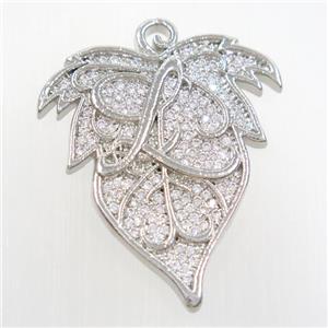 copper maple leaf pendants paved zircon, platinum plated, approx 33-40mm