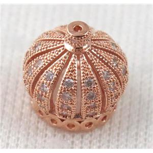 copper bead pave zircon, crown, rose gold plated, approx 16mm dia