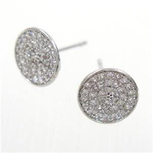 copper earring studs paved zircon, platinum plated, approx 10mm dia