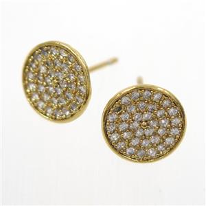 copper earring studs paved zircon, gold plated, approx 10mm dia