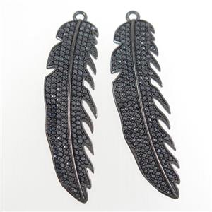 copper feather pendant paved zircon, black plated, approx 13-47mm