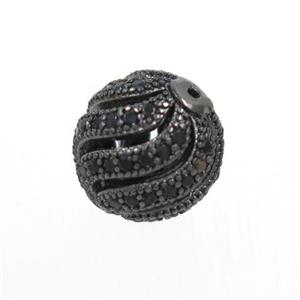 copper round beads paved zircon, hollow, black plated, approx 10mm dia