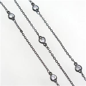 copper chain with zircon, heart, black plated, approx 5.5mm