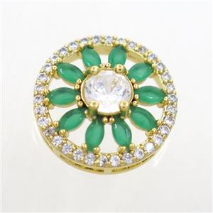 copper sunflower connector pave green zircon, gold plated, approx 16mm dia