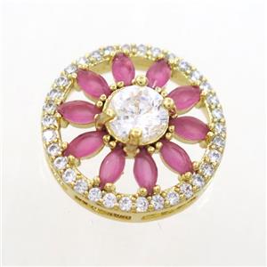 copper sunflower connector pave pink zircon, gold plated, approx 16mm dia