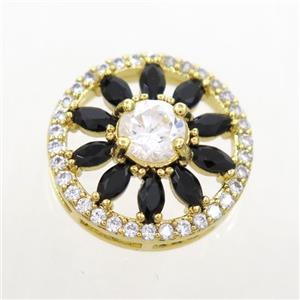 copper sunflower connector pave black zircon, gold plated, approx 16mm dia
