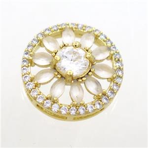 copper sunflower connector pave white zircon, gold plated, approx 16mm dia
