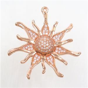 copper sunflower pendant paved zircon, rose gold, approx 34mm dia