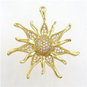 copper sunflower pendant paved zircon, gold plated, approx 34mm dia