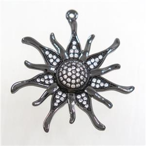 copper sunflower pendant paved zircon, black plated, approx 34mm dia