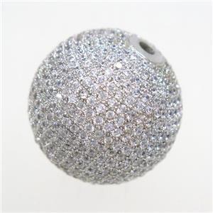 round copper beads paved zircon, platinum plated, approx 25mm dia
