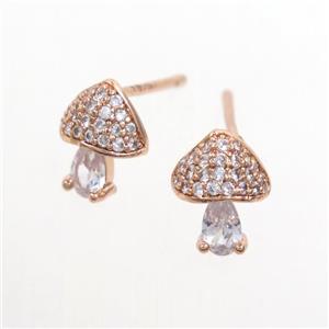 Copper Mushroom Stud Earring Pave Zircon Rose Gold, approx 7-9mm