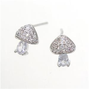Copper Mushroom Stud Earring Pave Zircon Platinum Plated, approx 7-9mm