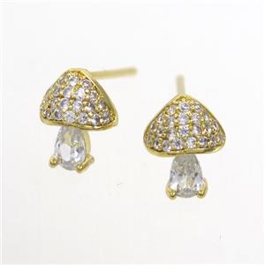 Copper Mushroom Stud Earring Pave Zircon Gold Plated, approx 7-9mm