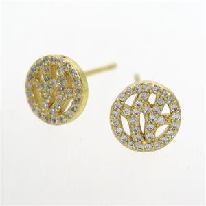 copper earring stud paved zircon, gold plated, approx 9mm dia