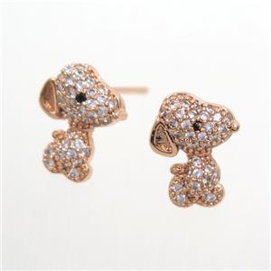 copper dog Earring stud paved zircon, rose gold, approx 10-12mm