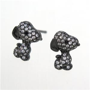 copper dog Earring stud paved zircon, black plated, approx 10-12mm