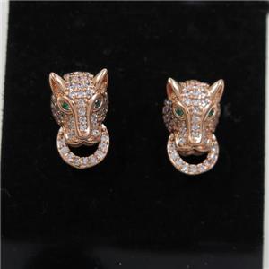copper wolfhead earring stud paved zircon, rose gold, approx 8-13mm