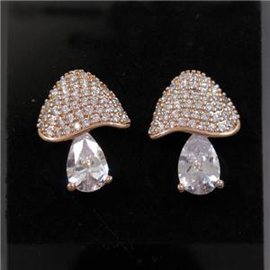 Copper Mushroom Stud Earring Pave Zircon Rose Gold, approx 14-18mm