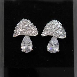 Copper Mushroom Stud Earring Pave Zircon Platinum Plated, approx 14-18mm