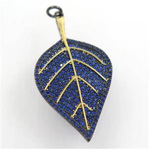 copper leaf pendant paved blue zircon, gold plated, black backing, approx 22-40mm