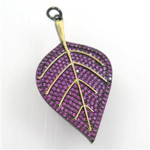 copper leaf pendant paved hotpink zircon, gold plated, black backing, approx 22-40mm