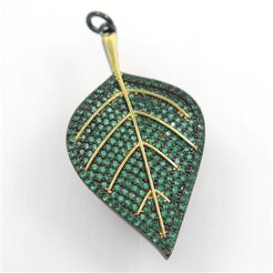 copper leaf pendant paved green zircon, gold plated, black backing, approx 22-40mm