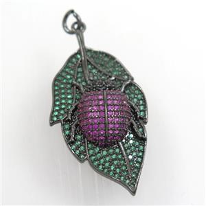copper leaf pendant paved zircon with beetle, black plated, approx 20-38mm