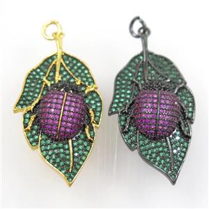 copper leaf pendant paved zircon with beetle, mix color, approx 20-38mm