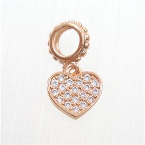 copper heart pendants paved zircon, rose gold, approx 8-9mm