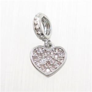 copper heart pendants paved zircon, platinum plated, approx 8-9mm