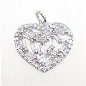 copper heart pendants paved zircon, platinum plated, approx 15-17mm