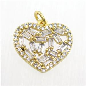 copper heart pendants paved zircon, gold plated, approx 15-17mm