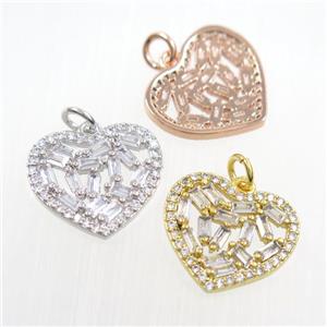 copper heart pendants paved zircon, mix color, approx 15-17mm