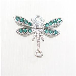 copper dragonfly connector paved green zircon, platinum plated, approx 10-15mm