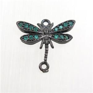 copper dragonfly connector paved green zircon, black plated, approx 10-15mm
