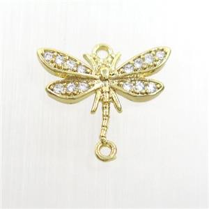 copper dragonfly connector paved zircon, gold plated, approx 10-15mm