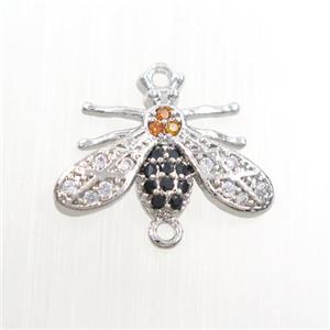 copper honeybee connector paved zircon, platinum plated, approx 10-16mm