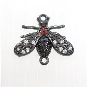 copper honeybee charm connector paved zircon, black plated, approx 10-16mm