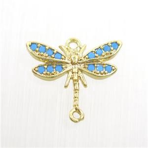 copper dragonfly connector paved zircon, turq, gold plated, approx 10-15mm