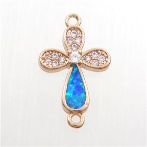 copper cross connector paved zircon with fired opal, rose gold, approx 10-13mm