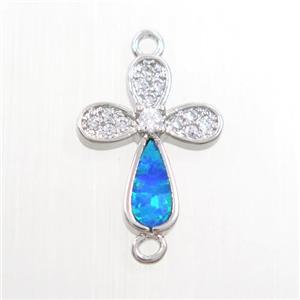 copper cross connector paved zircon with fired opal, platinum plated, approx 10-13mm