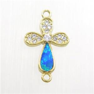 copper cross connector paved zircon with fired opal, gold plated, approx 10-13mm