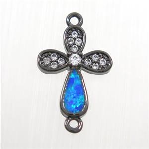 copper cross connector paved zircon with fired opal, black plated, approx 10-13mm