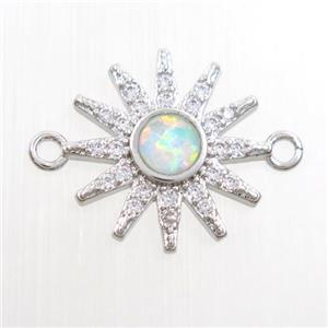 copper sun connector paved zircon with fire opal, platinum plated, approx 14mm dia